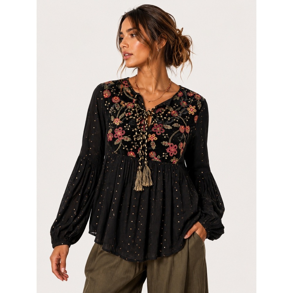 Cklass Black Boho Floral Embroidered Sequin Velvet Blouse Top Tassel L NEW NWT
